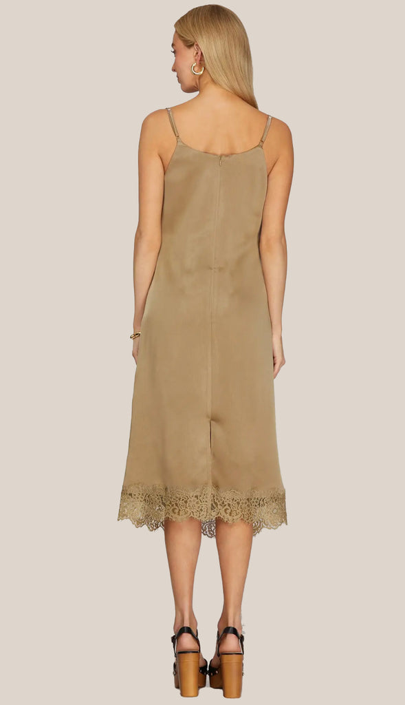 Simple Elegance Cowl Midi Dress With Lace- Lt. Mocha