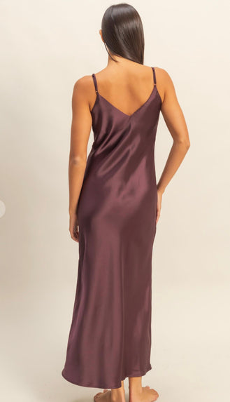 Harper Satin Midi Dress- Deep Plum