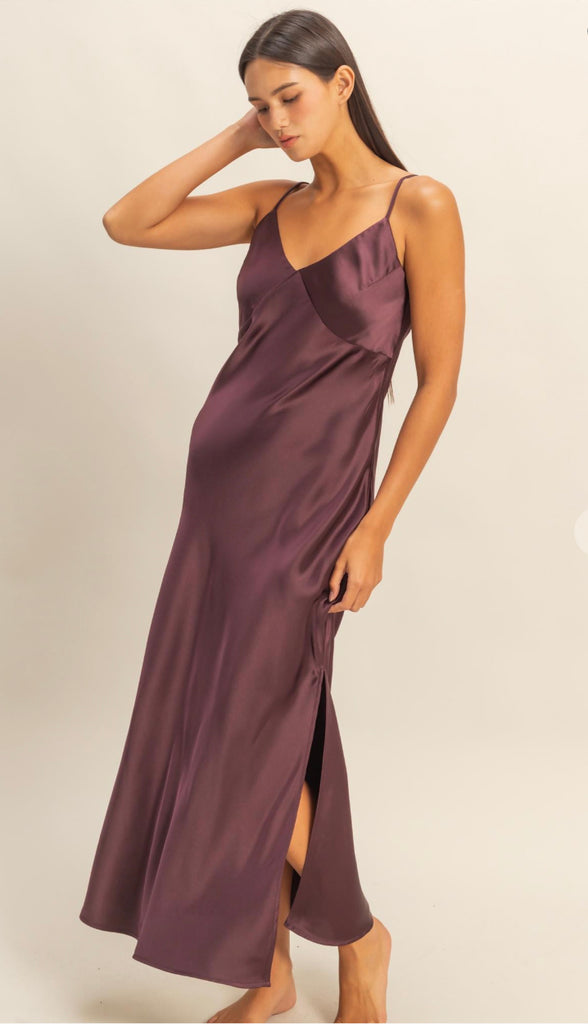 Harper Satin Midi Dress- Deep Plum