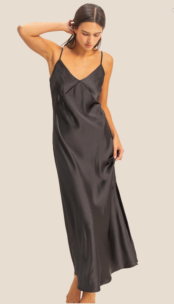 Harper Satin Midi Dress- Black