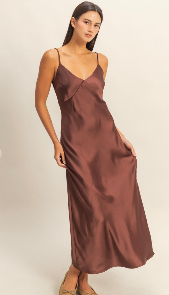 Harper Satin Midi Dress- Black