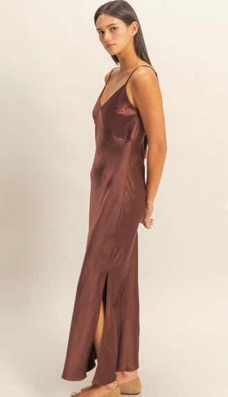 Harper Satin Midi Dress- Chestnut