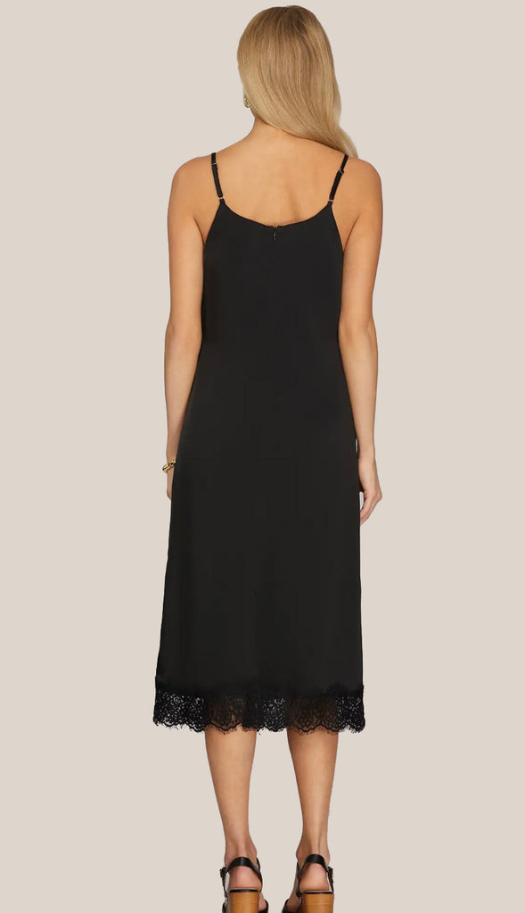 Simple Elegance Cowl Midi Dress With Lace- Black