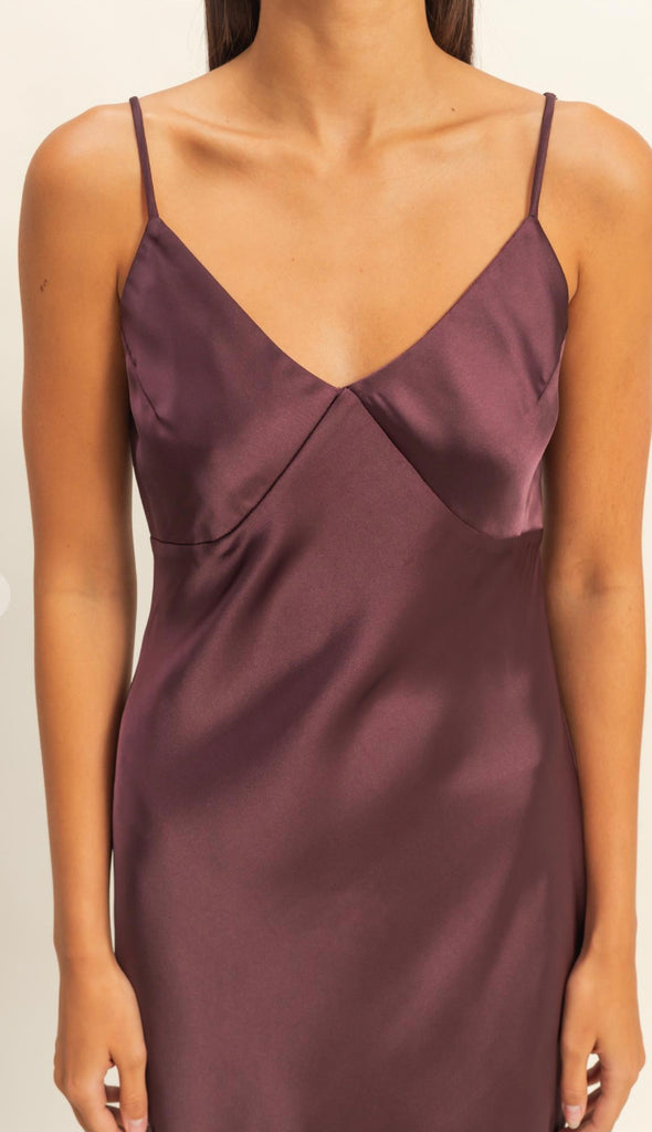Harper Satin Midi Dress- Chestnut