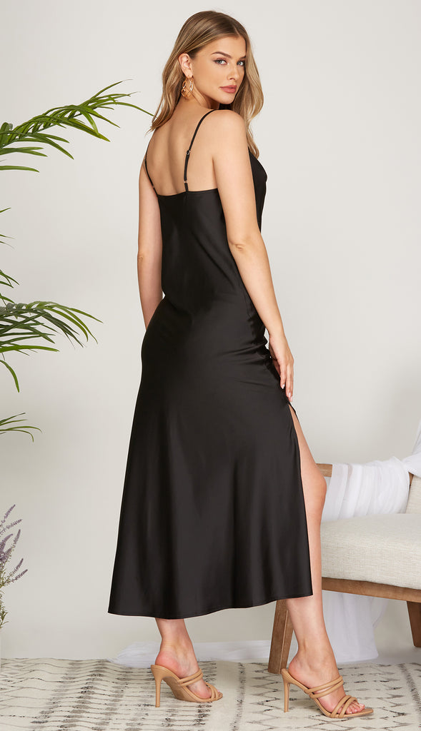 Yours Tonight Satin Midi Dress- Black