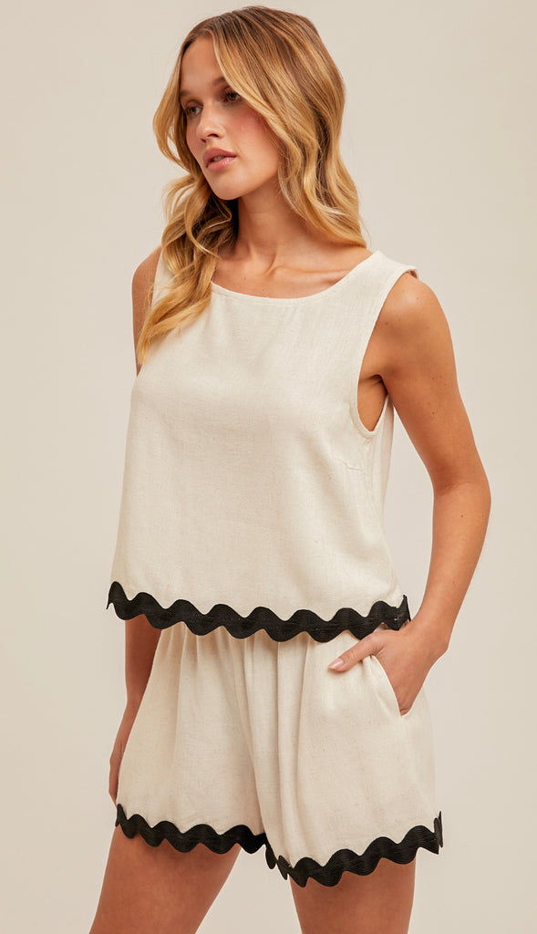 Scallop Edge Tank- Oatmeal/Black