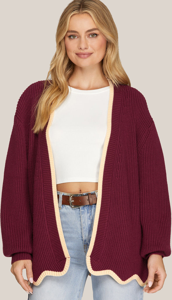 Isabelle Scalloped Hem Cardigan- Wine