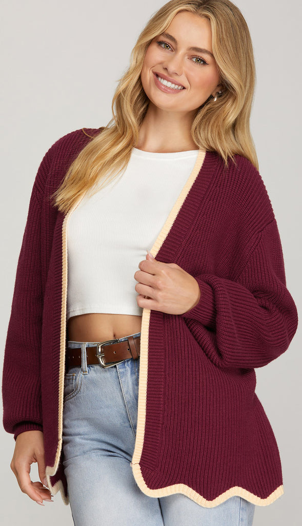 Isabelle Scalloped Hem Cardigan- Wine