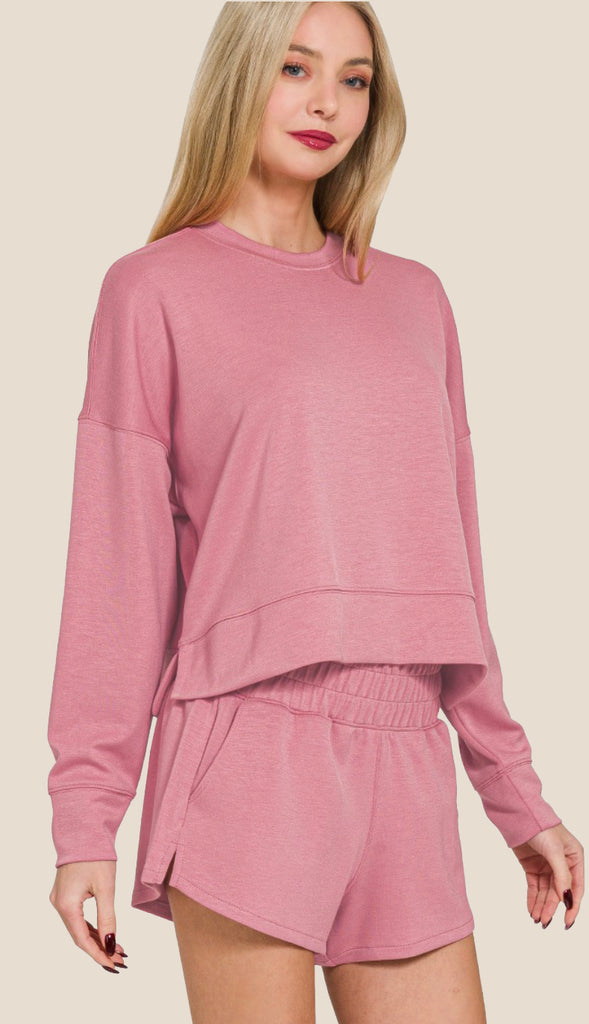 Scuba Sweatshirt And Shorts Set- Bright Mauve