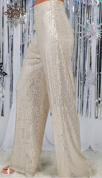 Shimmer On High Waist Straight Leg Sequin Pants- Cream