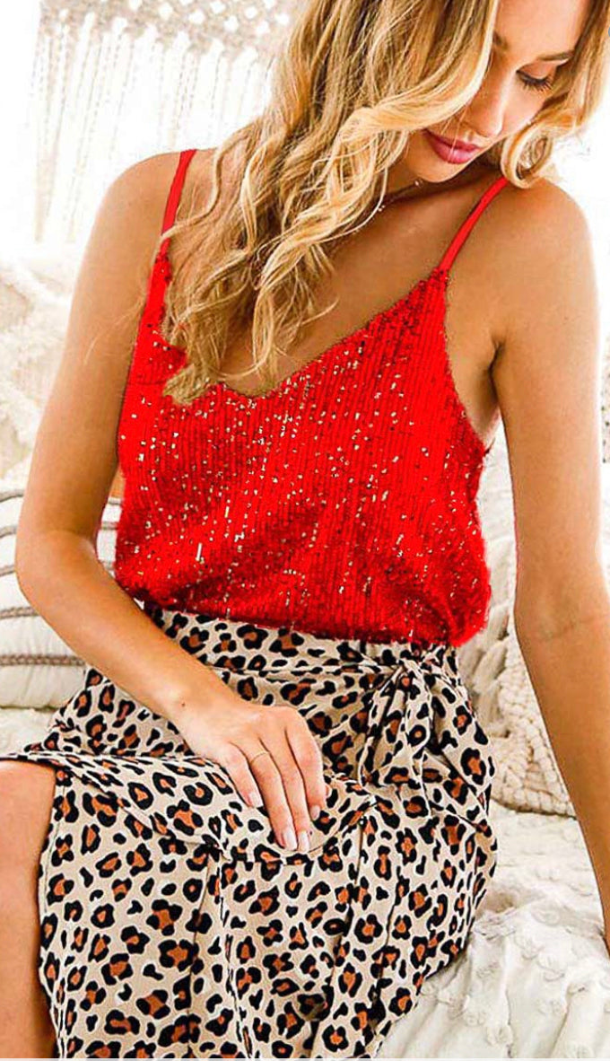 Glimmer Tonight Sequin Tank- Red