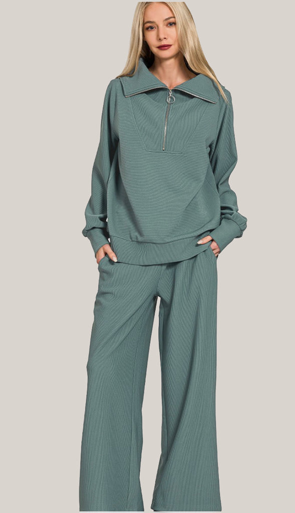 Cozy Today Ribbed Half Zip Pullover & Pants Set- Ash Mocha