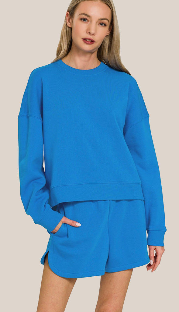 Taylor Fleece Sweatshirt & Short Set- Ocean Blue