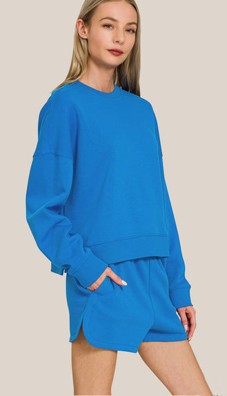 Taylor Fleece Sweatshirt & Short Set- Ocean Blue