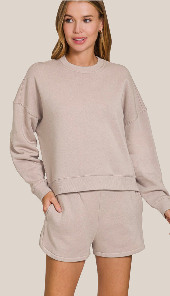 Taylor Fleece Sweatshirt & Short Set- Ash Mocha