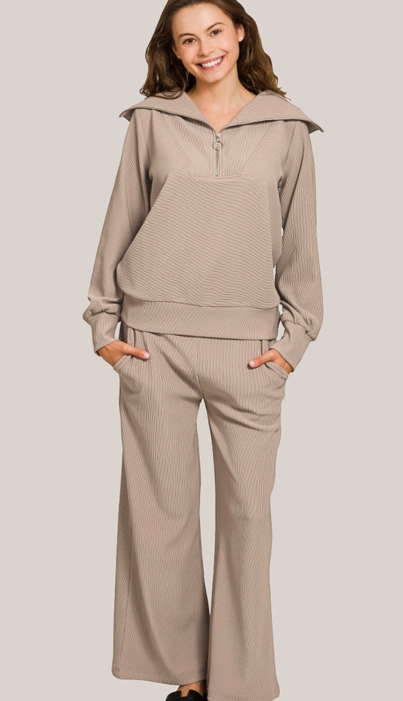 Cozy Today Ribbed Half Zip Pullover & Pants Set- Ash Mocha