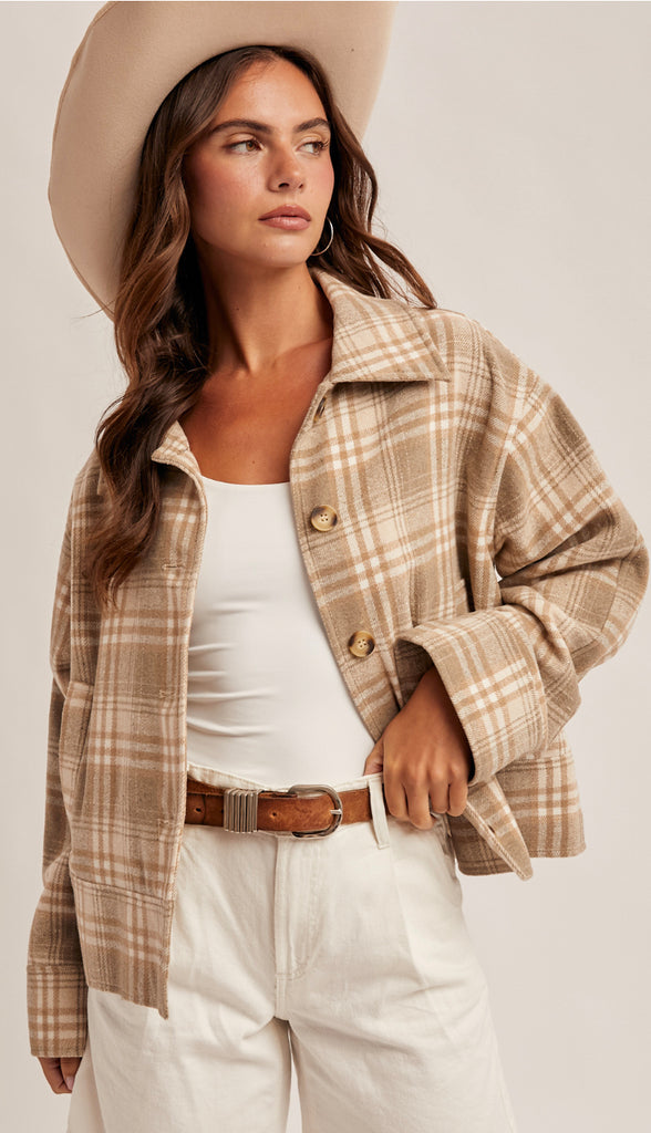 Celeste Plaid Button Down Jacket- Taupe