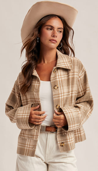 Celeste Plaid Button Down Jacket- Taupe