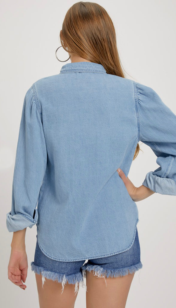 Risen Shirring Sleeve Denim Shirt- Light Wash