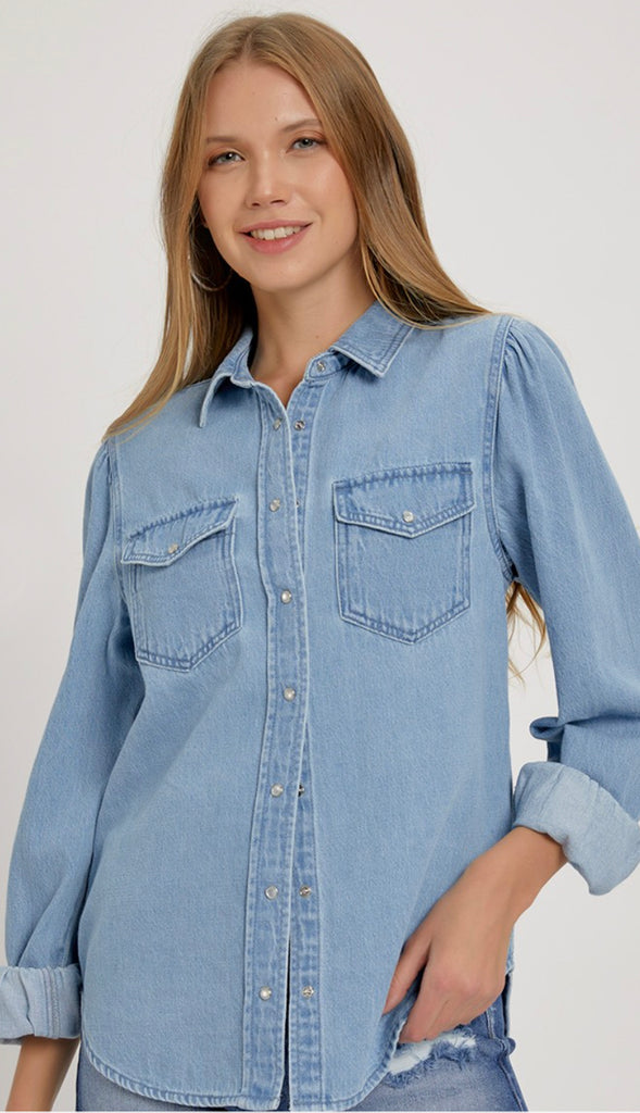 Risen Shirring Sleeve Denim Shirt- Light Wash