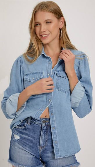 Risen Shirring Sleeve Denim Shirt- Light Wash