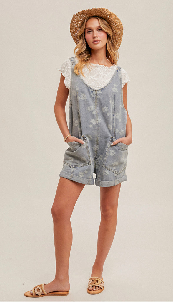 Courtney Floral Denim Shortall- Light Wash