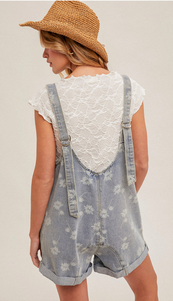 Courtney Floral Denim Shortall- Light Wash