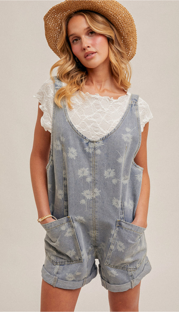Courtney Floral Denim Shortall- Light Wash