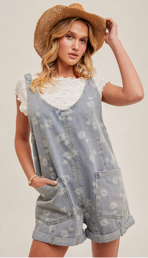 Courtney Floral Denim Shortall- Light Wash