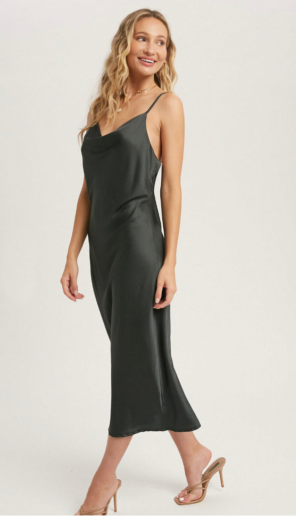 All Yours Satin Midi Slip Dress- Ash Black