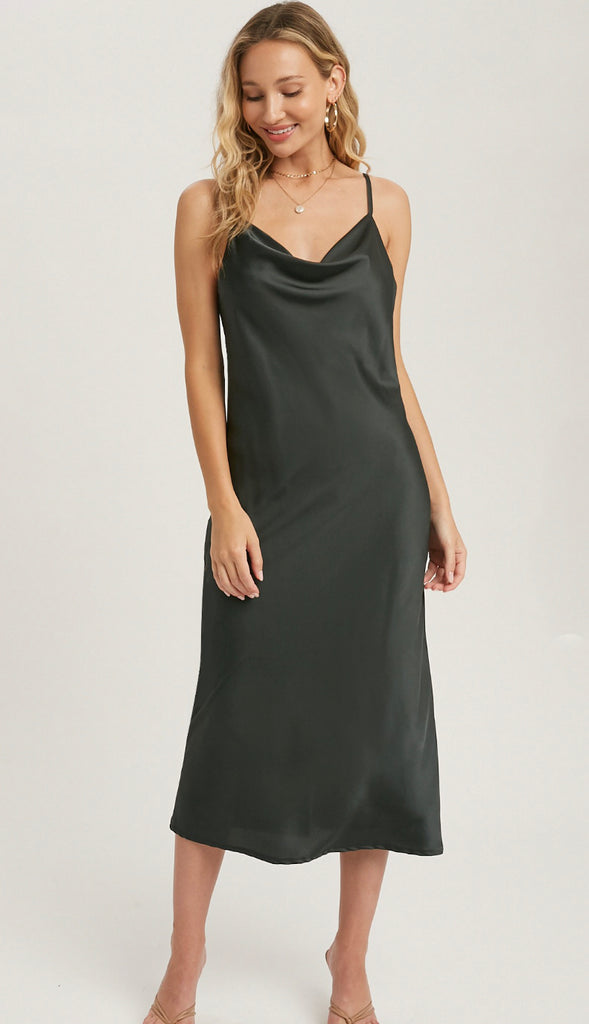 All Yours Satin Midi Slip Dress- Ash Black