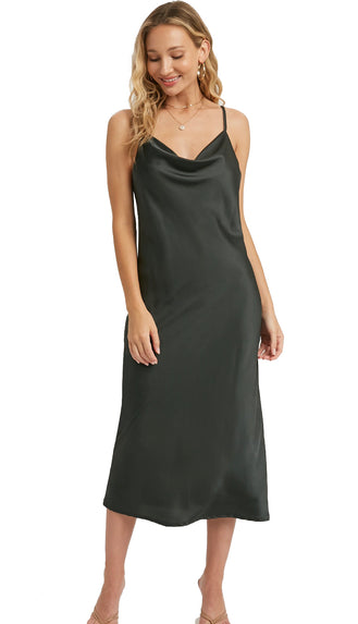 All Yours Satin Midi Slip Dress- Ash Black