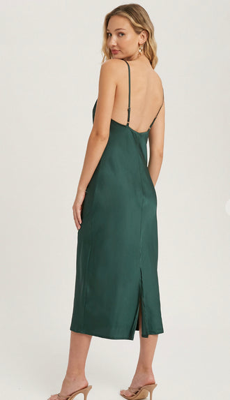 All Yours Satin Midi Slip Dress- Hunter Green