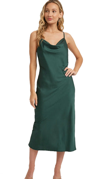 All Yours Satin Midi Slip Dress- Hunter Green