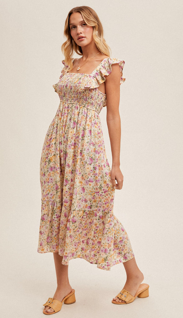 Hazel Flutter Sleeve Smocked Floral Dress- Multi