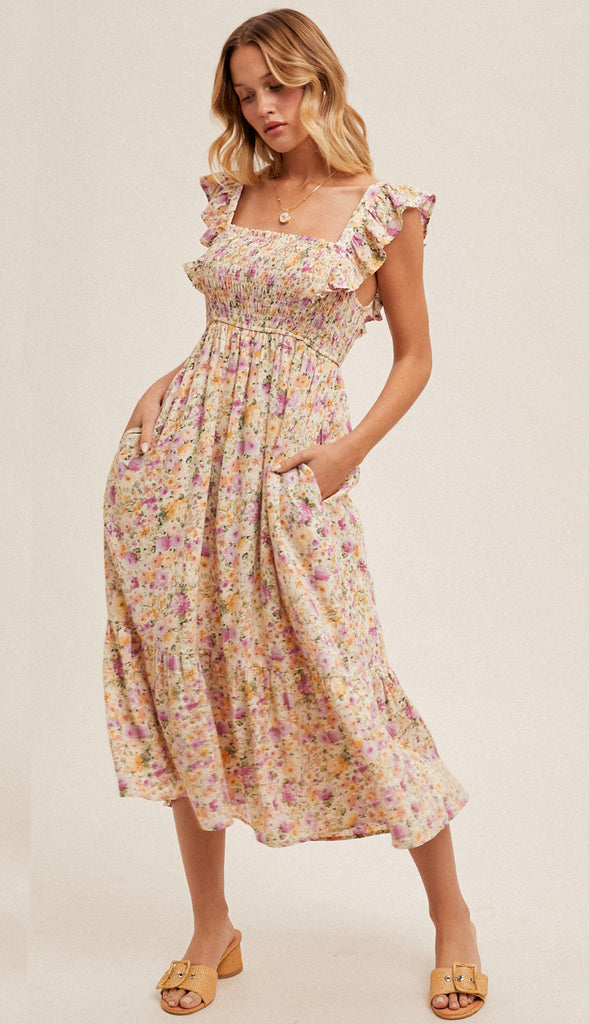 Hazel Flutter Sleeve Smocked Floral Dress- Multi