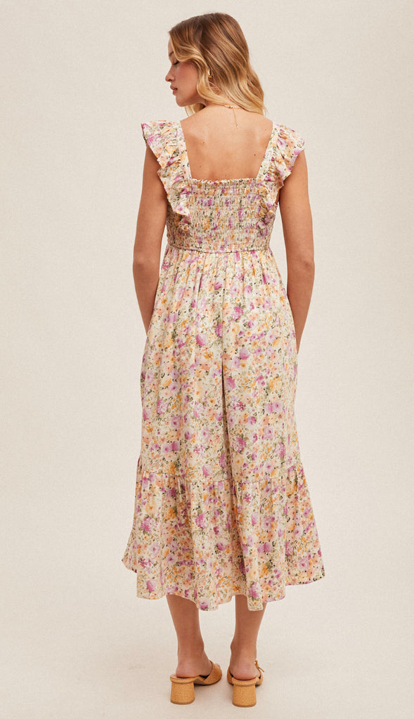 Hazel Flutter Sleeve Smocked Floral Dress- Multi
