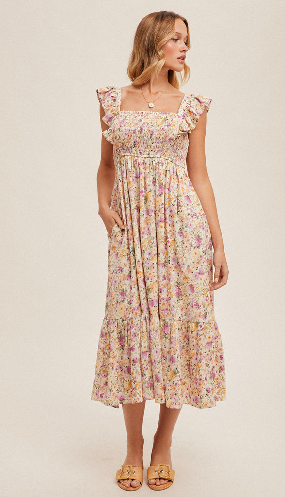 Hazel Flutter Sleeve Smocked Floral Dress- Multi