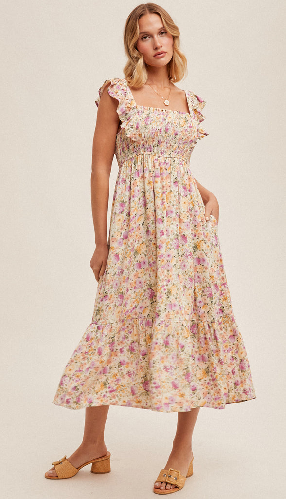 Hazel Flutter Sleeve Smocked Floral Dress- Multi