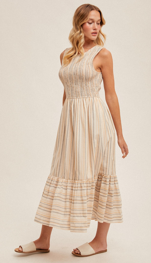 Rayne Smocked Mixed Stripe Midi Dress- Taupe