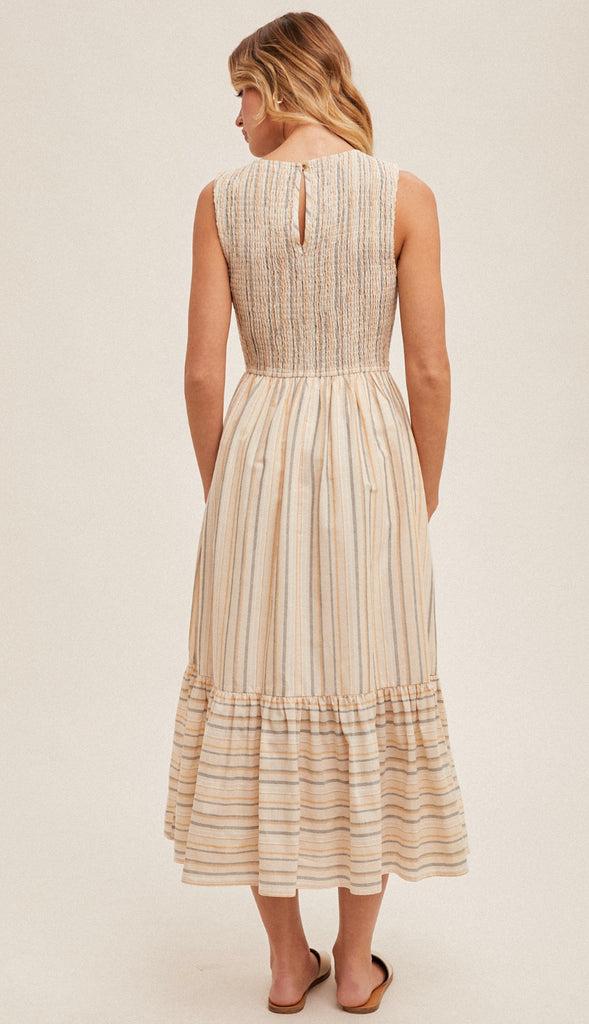 Rayne Smocked Mixed Stripe Midi Dress- Taupe