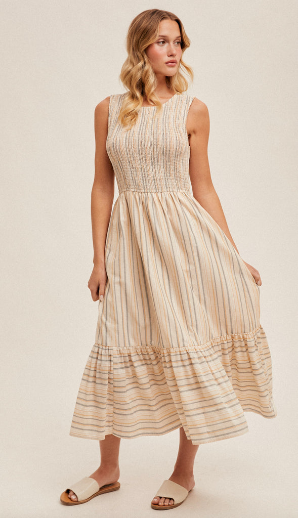 Rayne Smocked Mixed Stripe Midi Dress- Taupe
