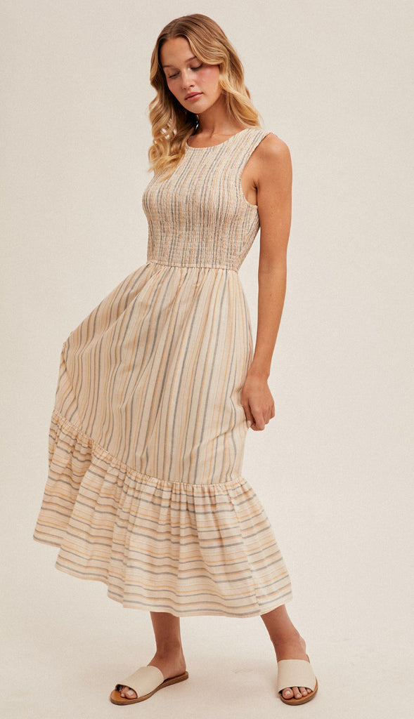 Rayne Smocked Mixed Stripe Midi Dress- Taupe