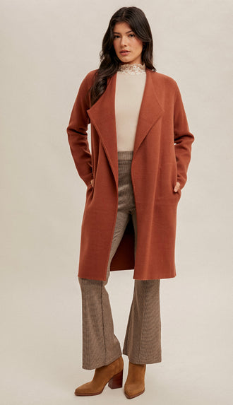 Hazel Drape Collar Longline Cardigan- Rust