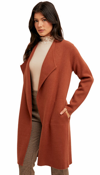 Hazel Drape Collar Longline Cardigan- Rust