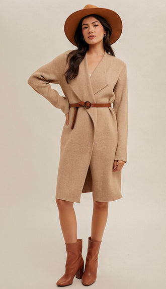 Hazel Drape Collar Longline Cardigan- Taupe