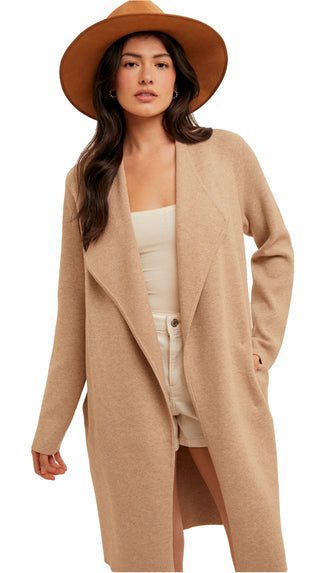 Hazel Drape Collar Longline Cardigan- Taupe