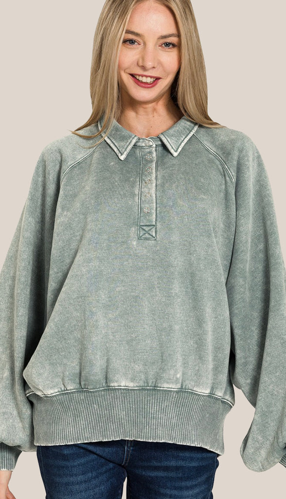 Call It Cozy Acid Wash Fleece Button Up Pullover- Ash Jade