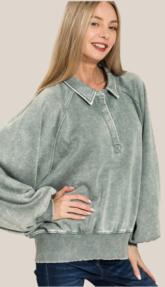 Call It Cozy Acid Wash Fleece Button Up Pullover- Ash Jade