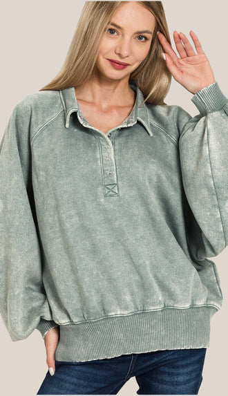 Call It Cozy Acid Wash Fleece Button Up Pullover- Ash Jade